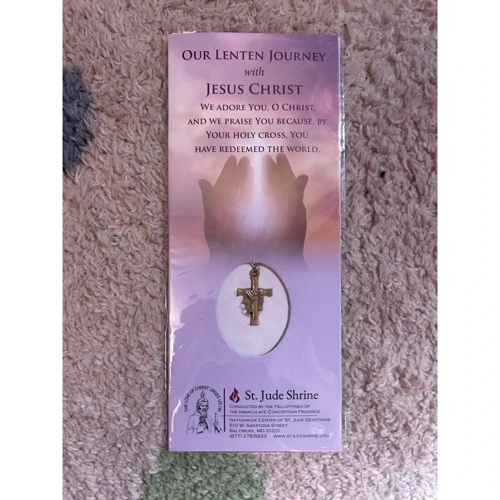 St. Jude Shrine Christian Metal Crucifix Necklace with Lenten Journey Card